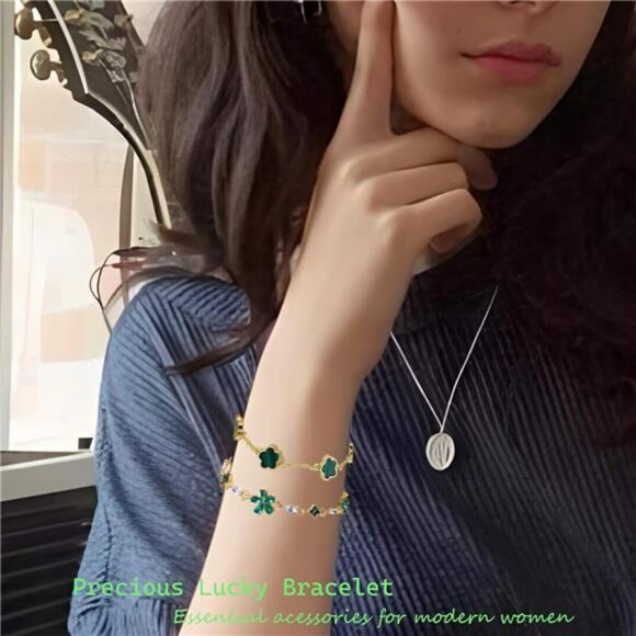 Gold clover bracelet set lucky charm stackable rhinestone adjustable jewelry gif - Picture 5 of 8